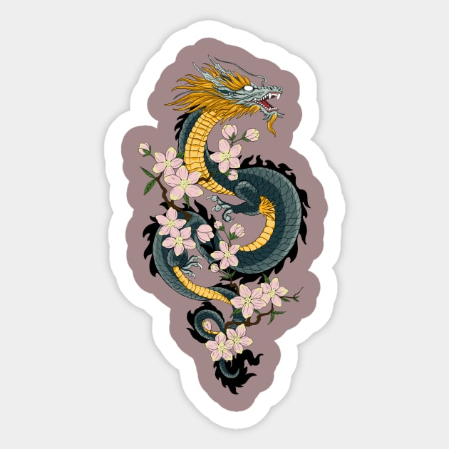 Japanese Dragon and cherry blossoms Sticker by Gekko and the Samurai 